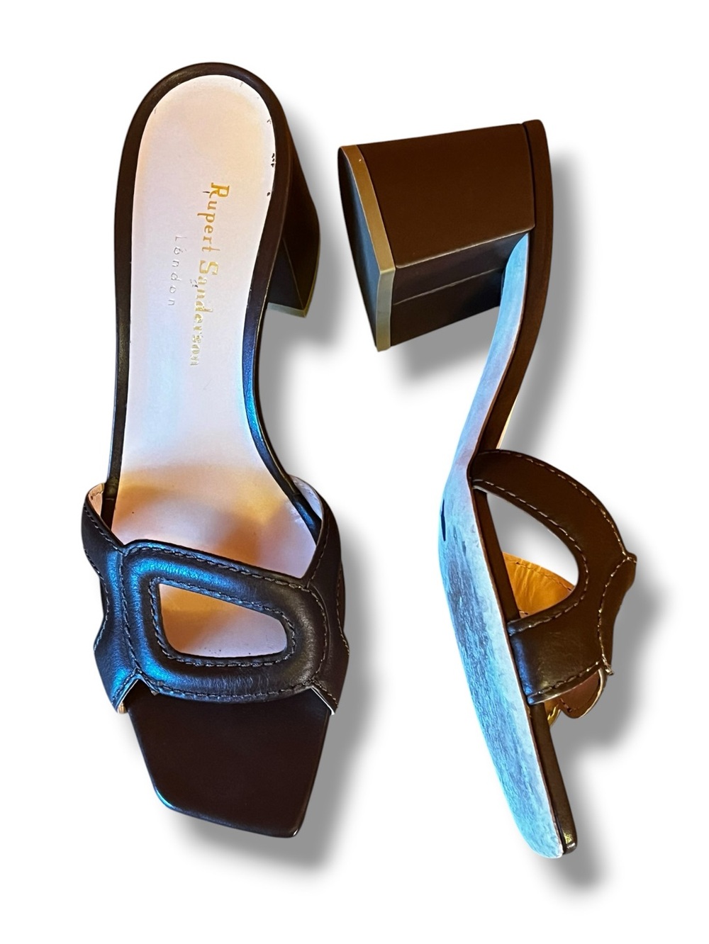 Rupert Sanderson London Slide Sandals SZ 7.5 Brown Leather Chunk Heel Cut Out